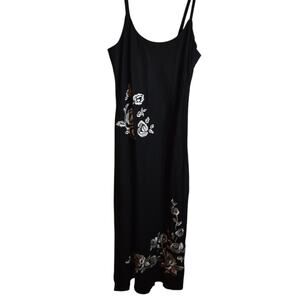 Jennie LNY Black Embroidered Rose Slip Dress Spaghetti Strap Midi Size 6 Linen